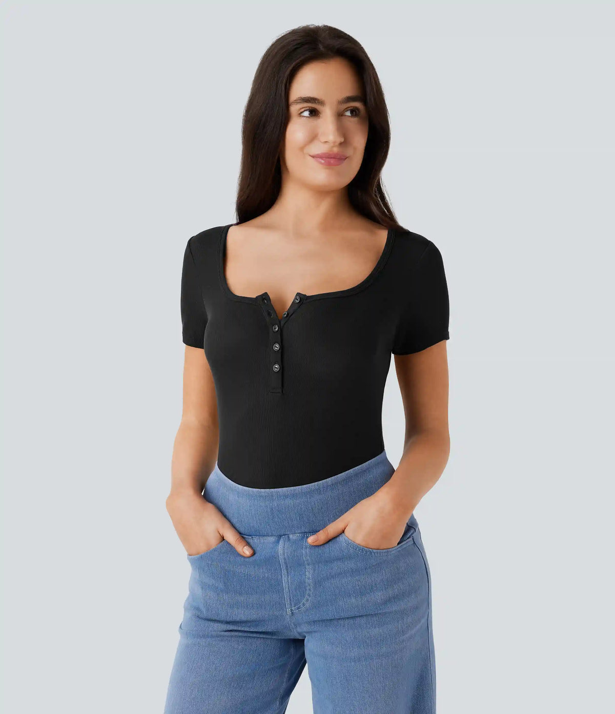 Ribbed Henley Neck Short Sleeve Slim Casual Top