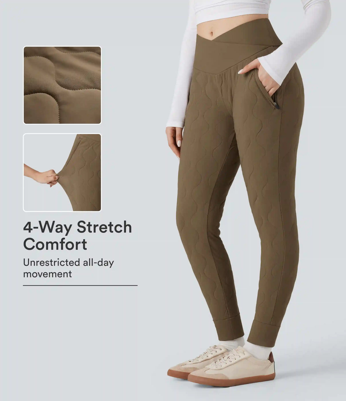 PuffFlex Crossover High Waisted Casual Quilted Joggers with Pockets