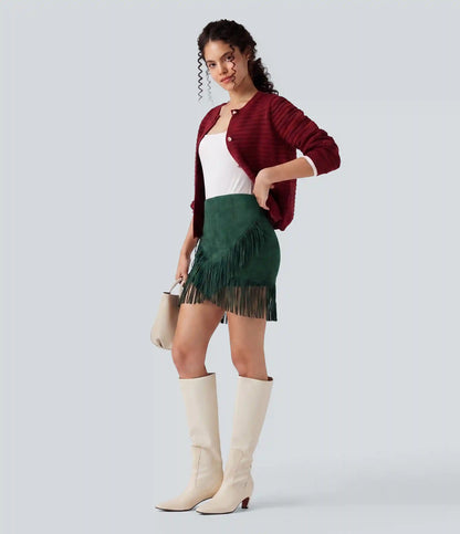 High Waisted 2-in-1 Fringe Hem Bodycon Mini Suede Casual Skirt