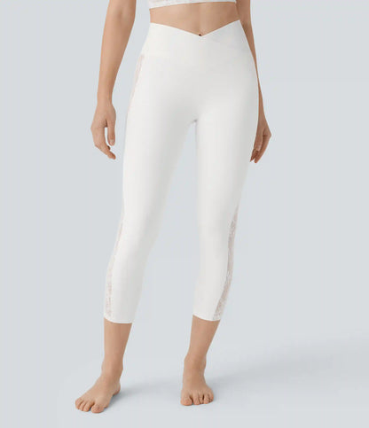 SoftlyZero™ High Waisted Crossover Contrast Lace Capri Yoga Leggings