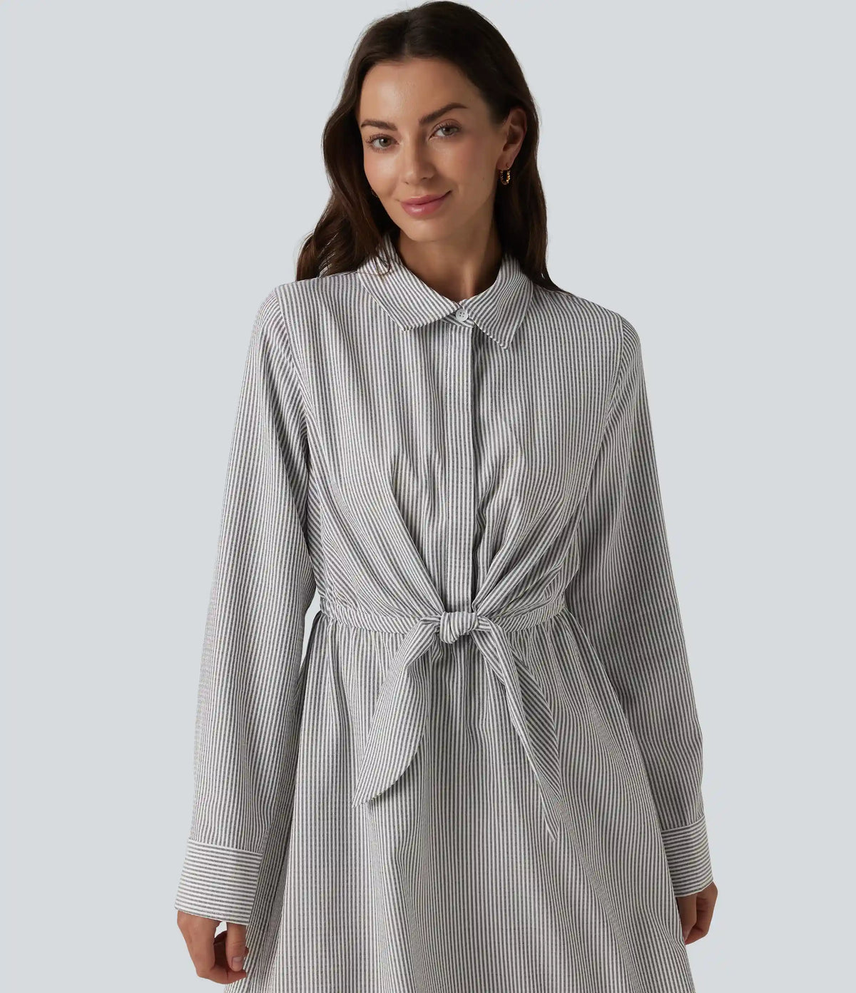 Collar Long Sleeve Tie-front Stripes Midi Work Shirt Dress