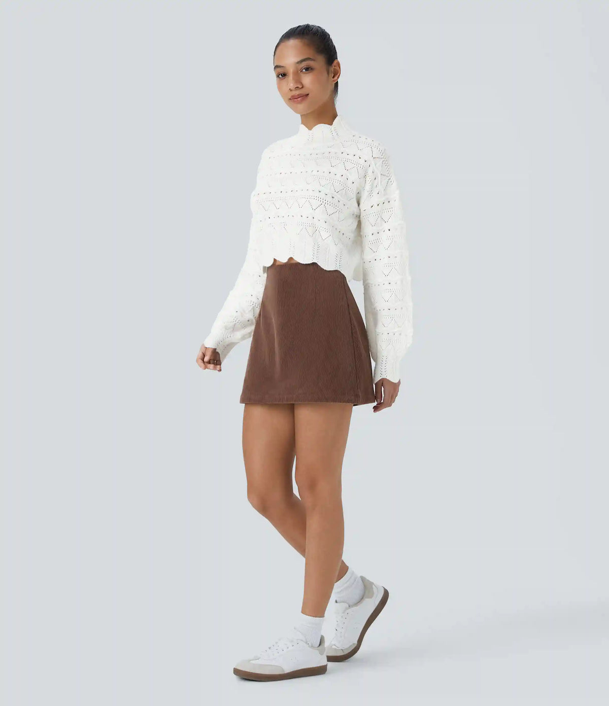 Mock Neck Bishop Sleeve Scallop Hem Open Knit Casual Sweater