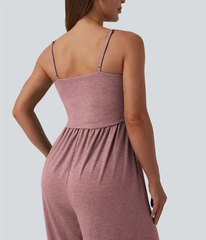 Adjustable Straps Ruched Wide Leg Heathered Casual Jumpsuit with Pockets-Easy Peezy