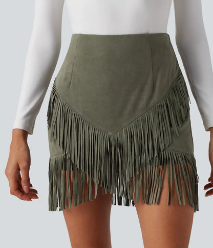 High Waisted 2-in-1 Fringe Hem Bodycon Mini Suede Casual Skirt