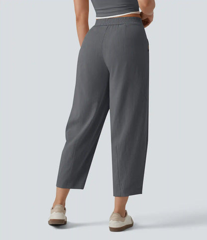 Mid Rise Linen-Feel Casual Barrel Leg Pants with Pockets
