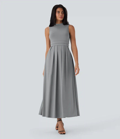 Stand Collar Sleeveless Flare Maxi Casual Dress with Pockets
