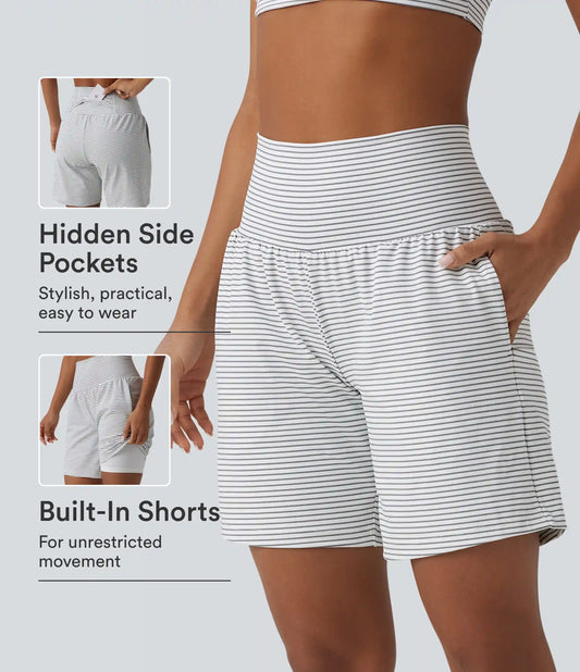 Super High Waisted 2-in-1 Stripe Yoga Shorts 7'' with Pockets