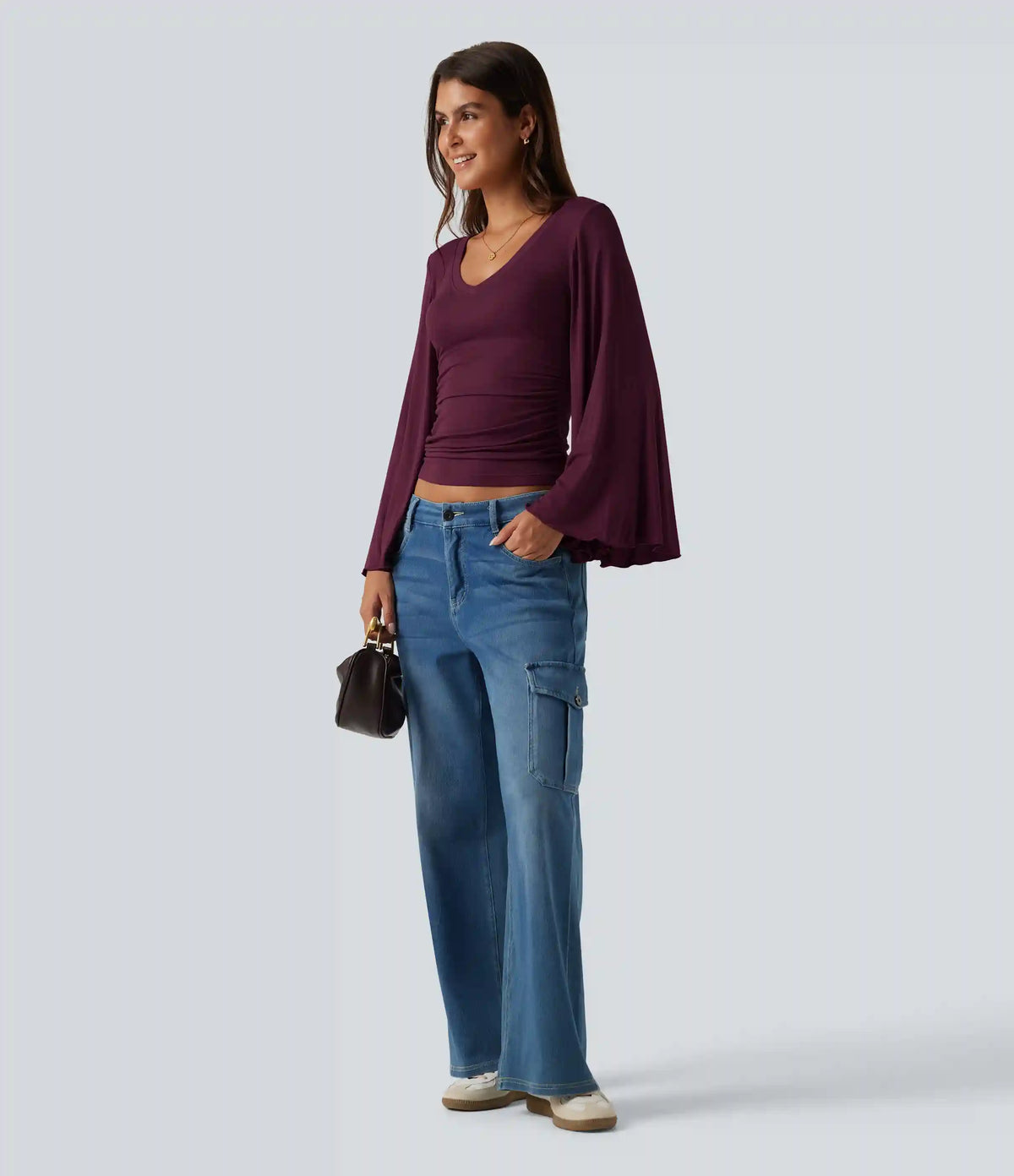 Ribbed V Neck Flounce Sleeve Ruched Casual T-Shirt