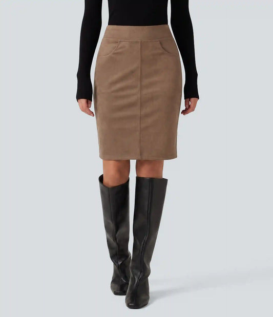 High Waisted Bodycon Suede Mini Party Skirt with Pockets