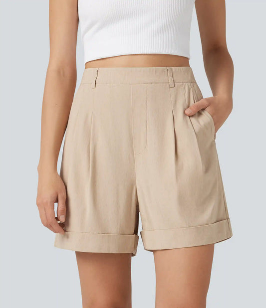 High Waisted Baggy Casual Stretch Linen Shorts 4'' with Pockets