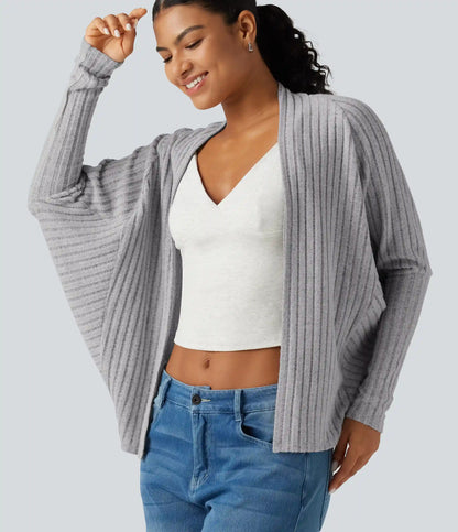 Ribbed Knit Open Front Batwing Long Sleeve Casual Cardigan