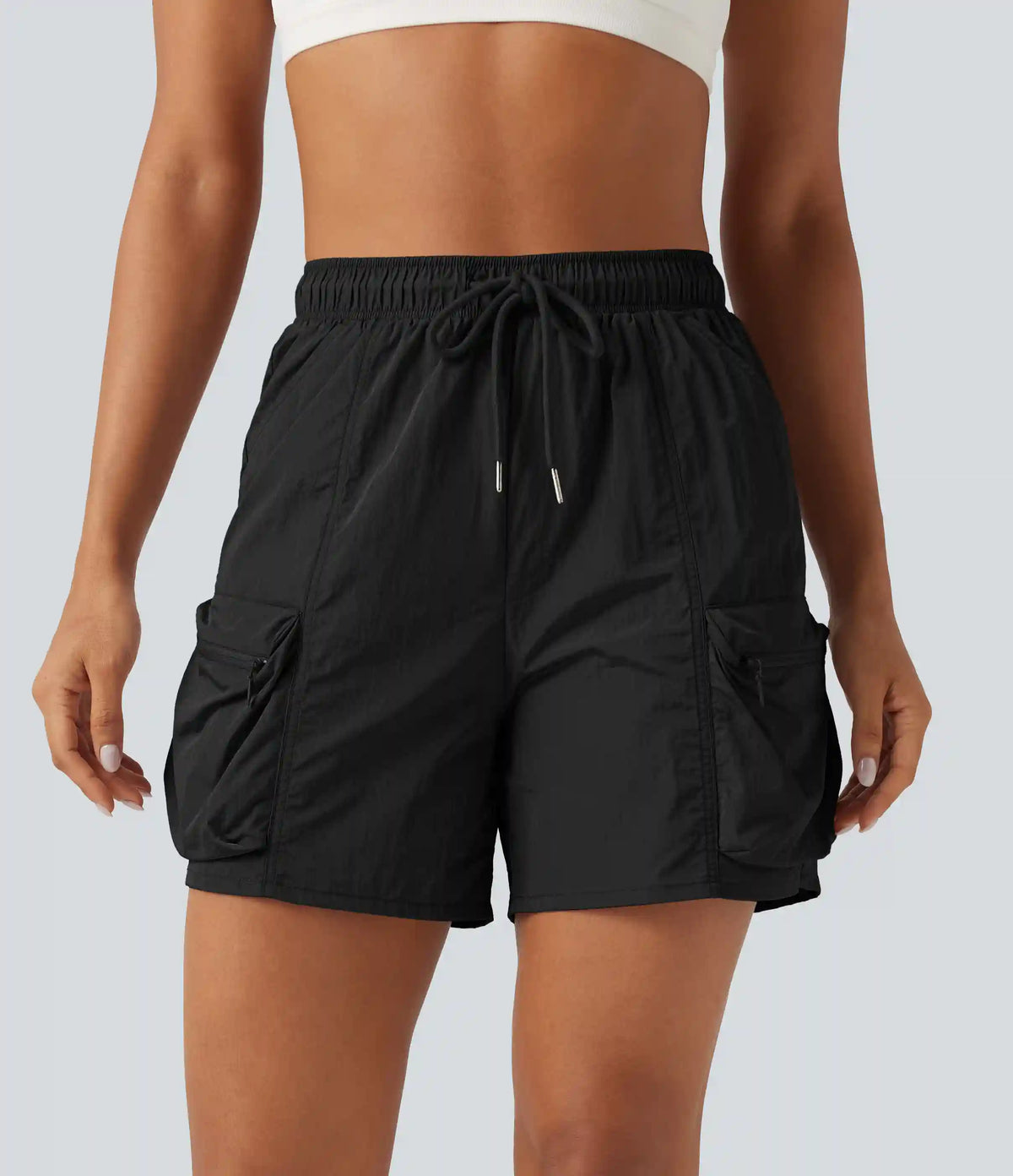High Waisted Drawstring Workout Cargo Shorts with Pockets