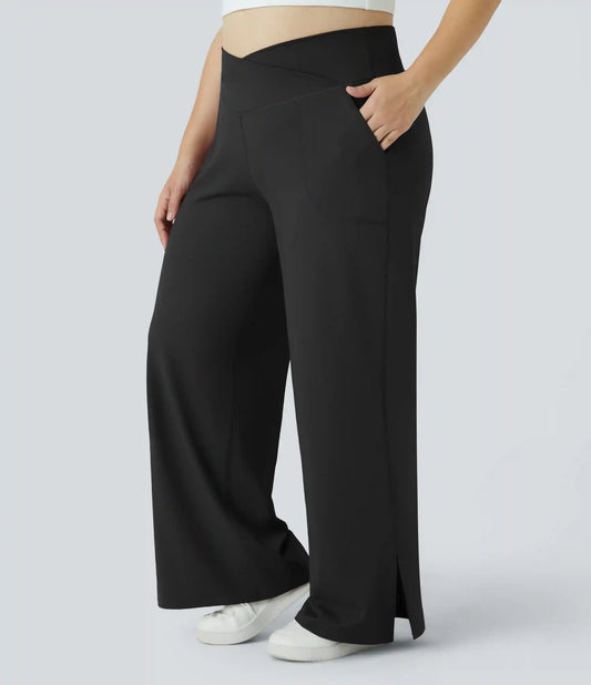 DayStretch Crossover Pocket Hem Plus Size Wide Leg Yoga Pants-Smile