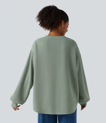 Round Neck Dropped Puff Long Sleeve Waffle Casual Top