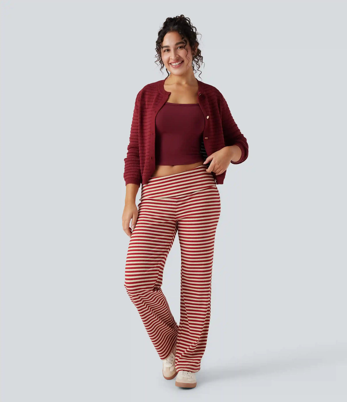 Foldover Low Rise Striped Casual Flare Trousers