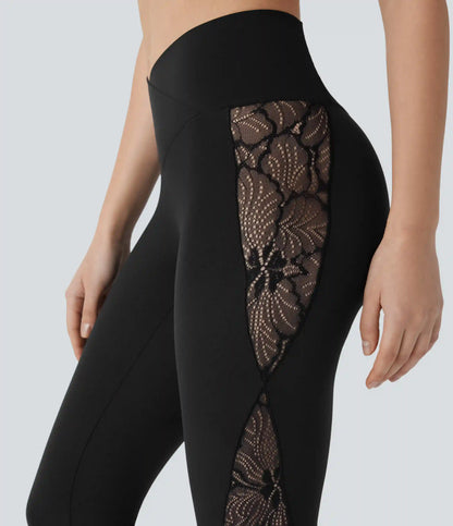 SoftlyZero™ High Waisted Crossover Contrast Lace Capri Yoga Leggings