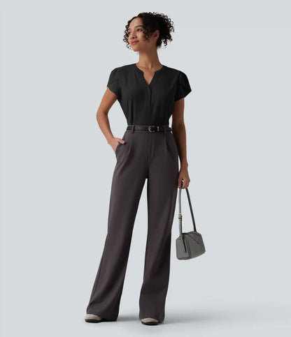 V-neck Petal Short Sleeve Work Blouse