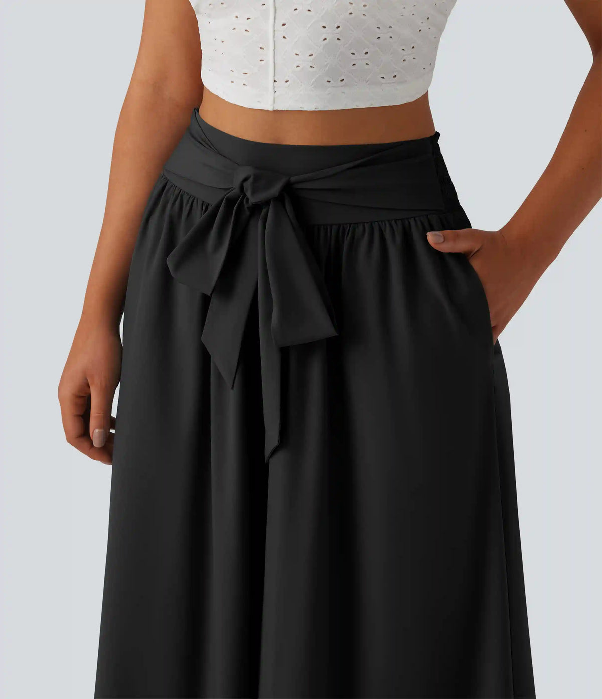 Breezeful™ High Waisted Shirred Tie Front Flowy Quick Dry Baggy Pants with Pockets