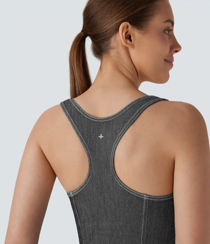 Halara Flex™ Square Neck Racerback InstantCool Washed Denim Tennis Bodysuit