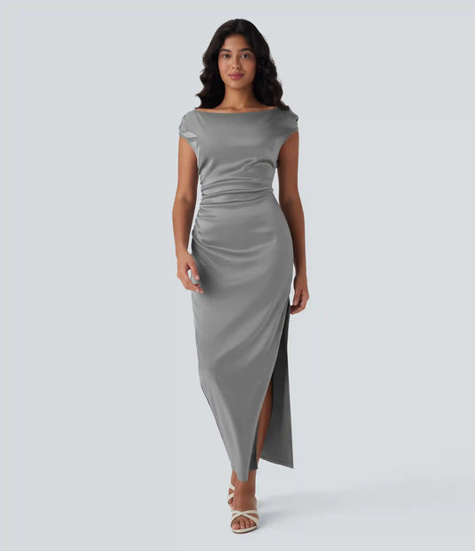 Boat Neck Cap Sleeve Ruched Satin Dress
