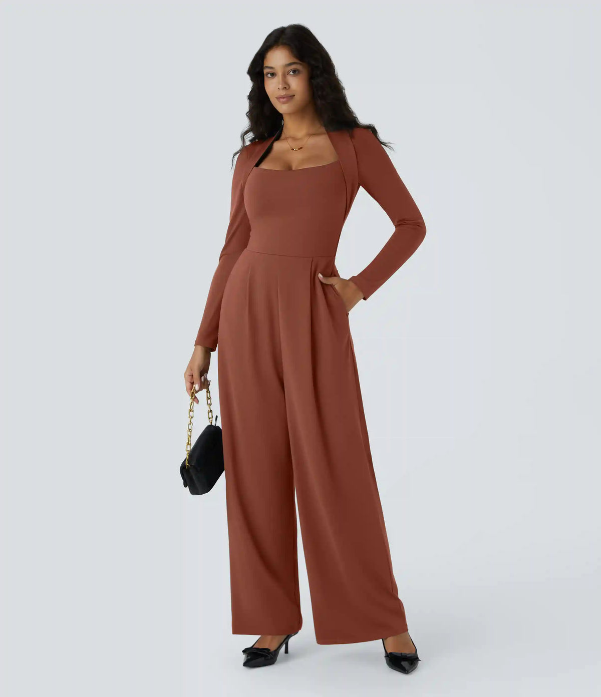 Long Sleeve Pocket Wide Leg Jumpsuit-Easy Peezy