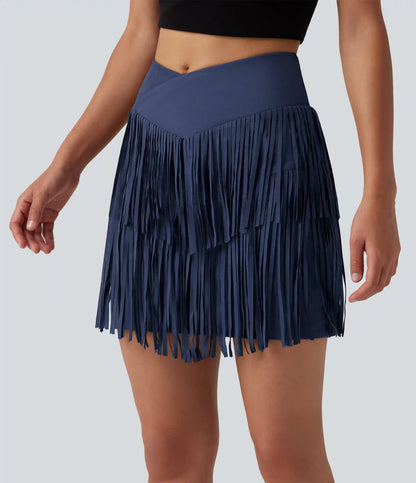 Crossover High Waisted 2-in-1 Fringe Hem Bodycon Mini Suede Party Skirt-Longer Length