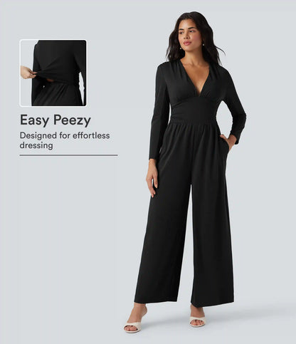V Neck Long Sleeve Ruched Jumpsuit with Pockets-Easy Peezy Edition