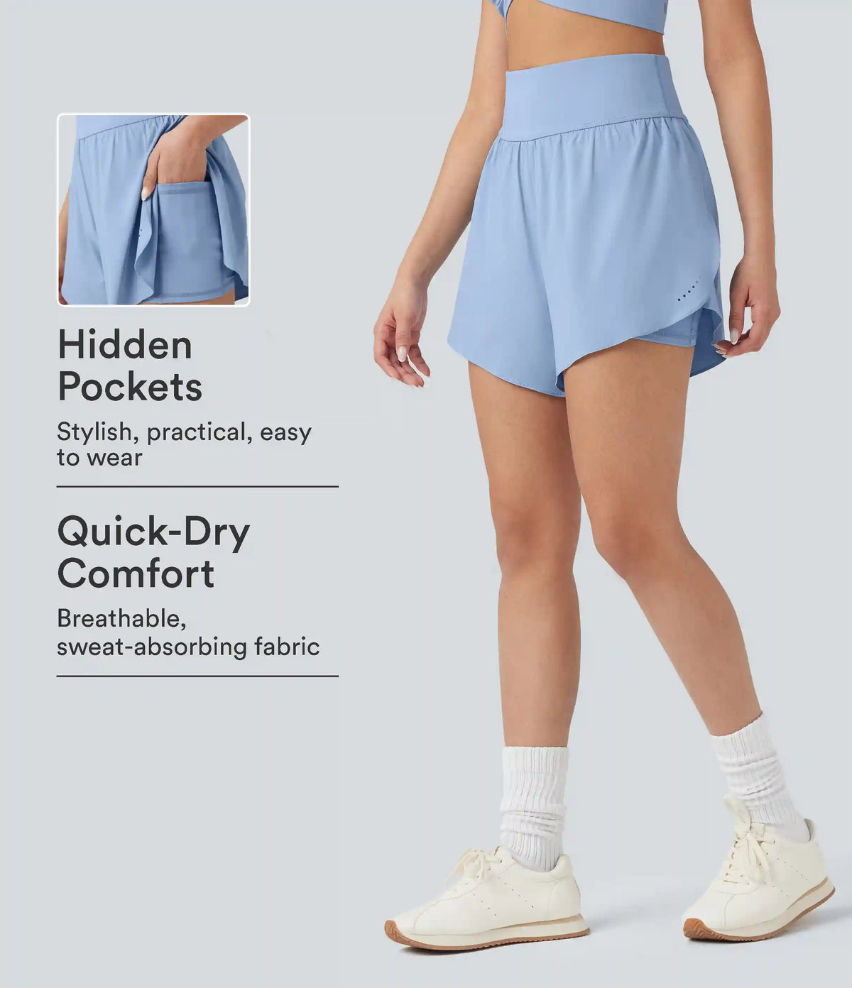 SoftlyZero™ QuickDry High Waisted Tummy Control Reflective Dots Crossover Hem 2-in-1 Running Shorts 5'' with Pockets