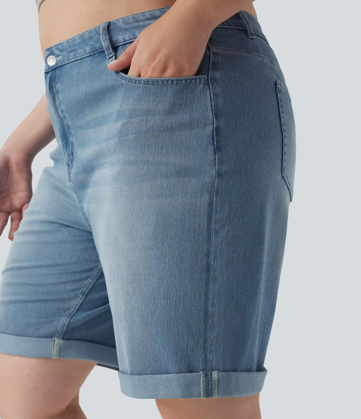 Halara Flex™ High Waisted Multiple Pockets Rolled Hem Washed Stretchy Knit Denim Casual Plus Size Bermuda Shorts