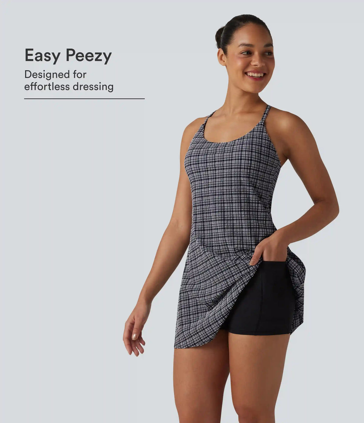 2-in-1 Plaid Crinkle Quick Dry Mini Tennis Active Dress with Pockets-Easy Peezy Edition