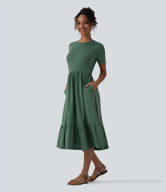 Round Neck Short Sleeve Heathered Midi Casual Dress with Pockets
