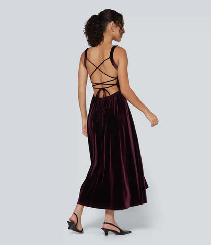Square Neck Lace Up Ruched Built-in Bra Corset Velvet Midi Casual Milkmaid Dress