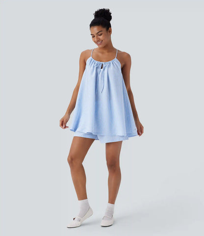 Adjustable Tie Neck Cut Out Stripe Mini Lounge Slip Dress