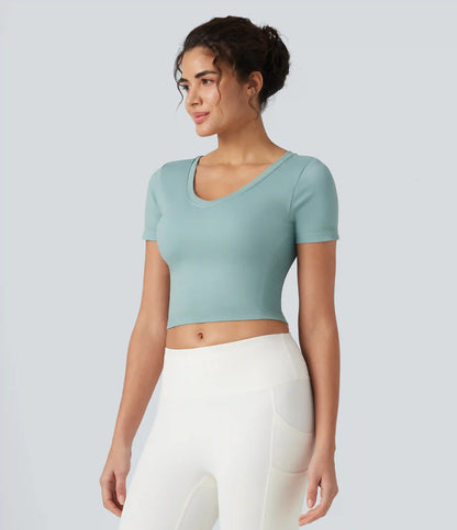 OneForm Seamless Flow V Neck Short Sleeve Built-in Bra Cropped Yoga Sports Top
