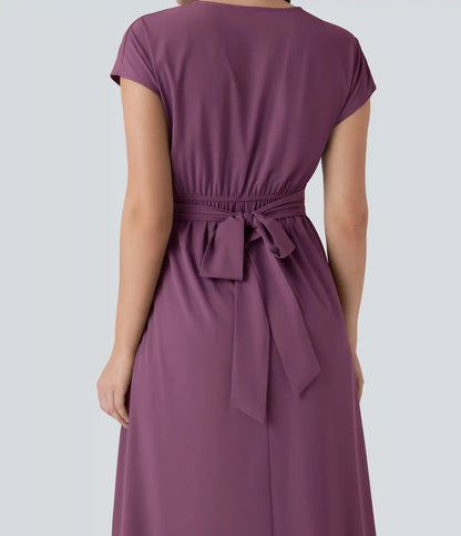 Breezeful™ V Neck Short Sleeve Pocket Tie Back Quick Dry Midi Casual Dress