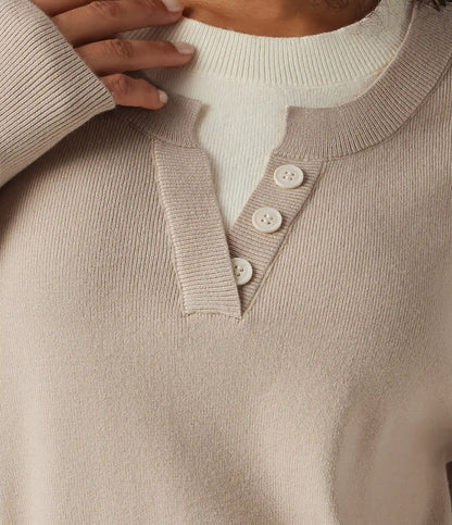 Round Neck Dropped Long Sleeve Color Block Work Sweater