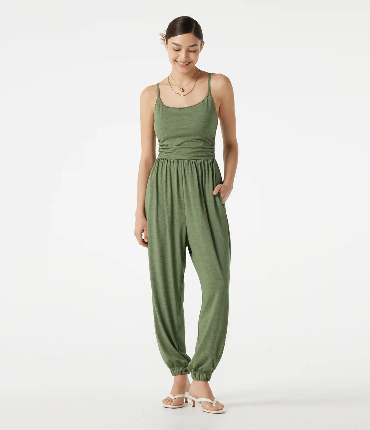 Adjustable Straps Ruched Built-in Bra Heathered Casual Jogger Jumpsuit with Pockets-Easy Peezy