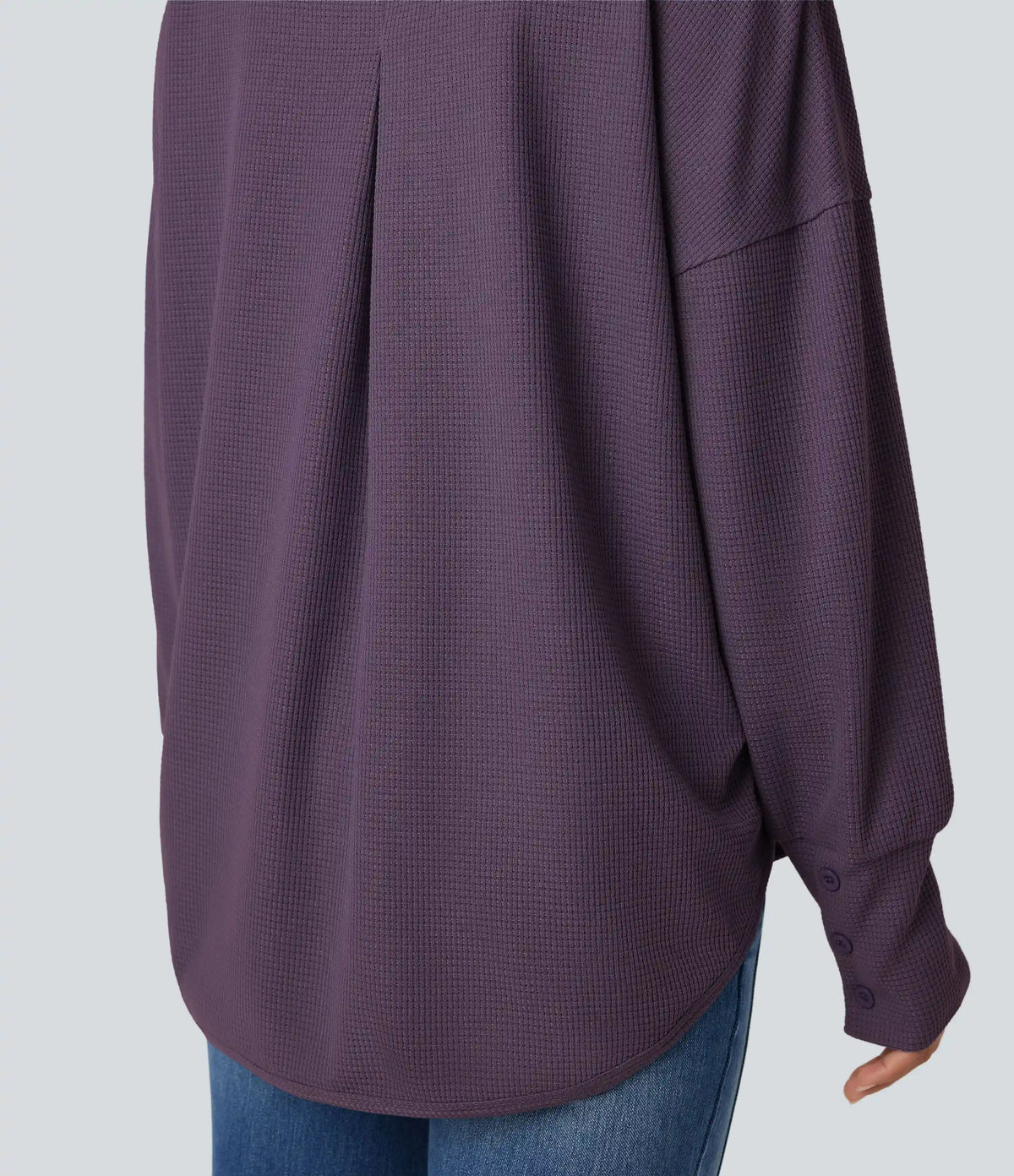 Scoop Neck Long Sleeve Curved Hem Relaxed Waffle Casual Top