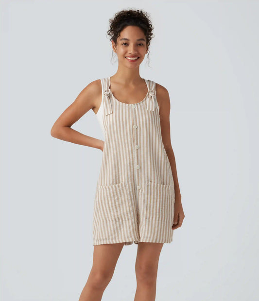 Knot Strap Stripe Casual Linen-Feel Short Overalls with Pockets