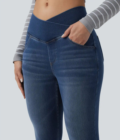 Halara Flex™ Crossover High Waisted Denim Capri Casual Leggings with Pockets