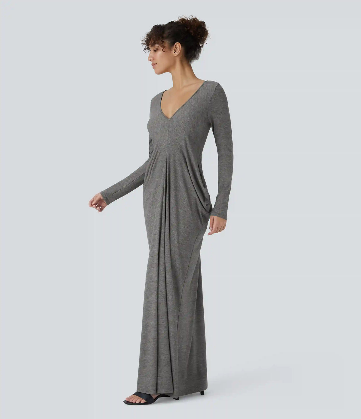 Deep V Neck Long Sleeve Stacked Ruched Maxi Casual Dress