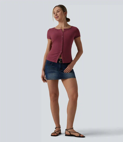 Ribbed Knit Boat Neck Short Sleeve Casual Top