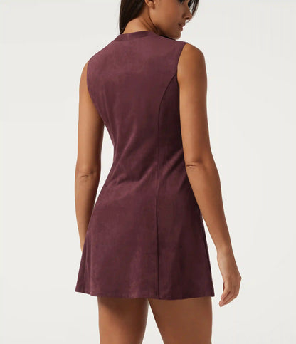 A-Line Sleeveless Suede Mini Casual Dress with Pockets