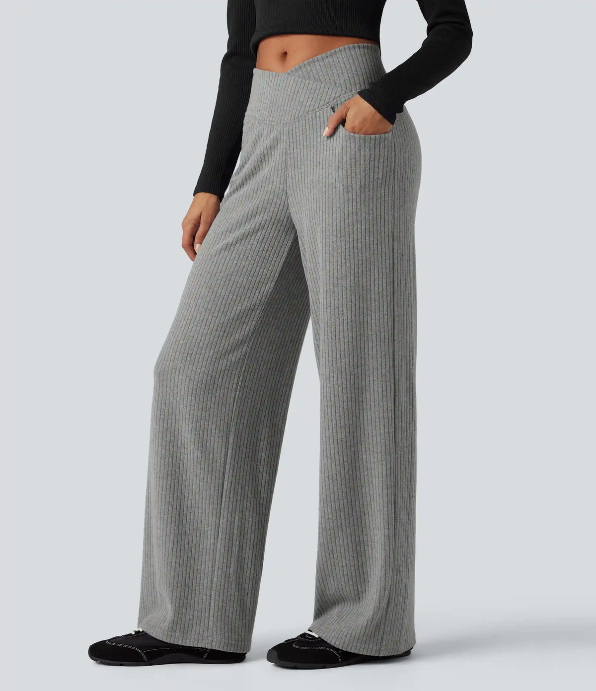 Ribbed Knit High Waisted Crossover Tummy Control Straight Leg Casual Pants with Pockets