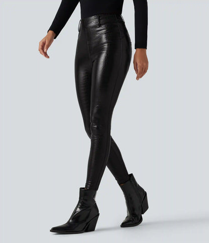 High Waisted Snakeskin Print Stretchy PU Fleece Casual Leggings with Pockets