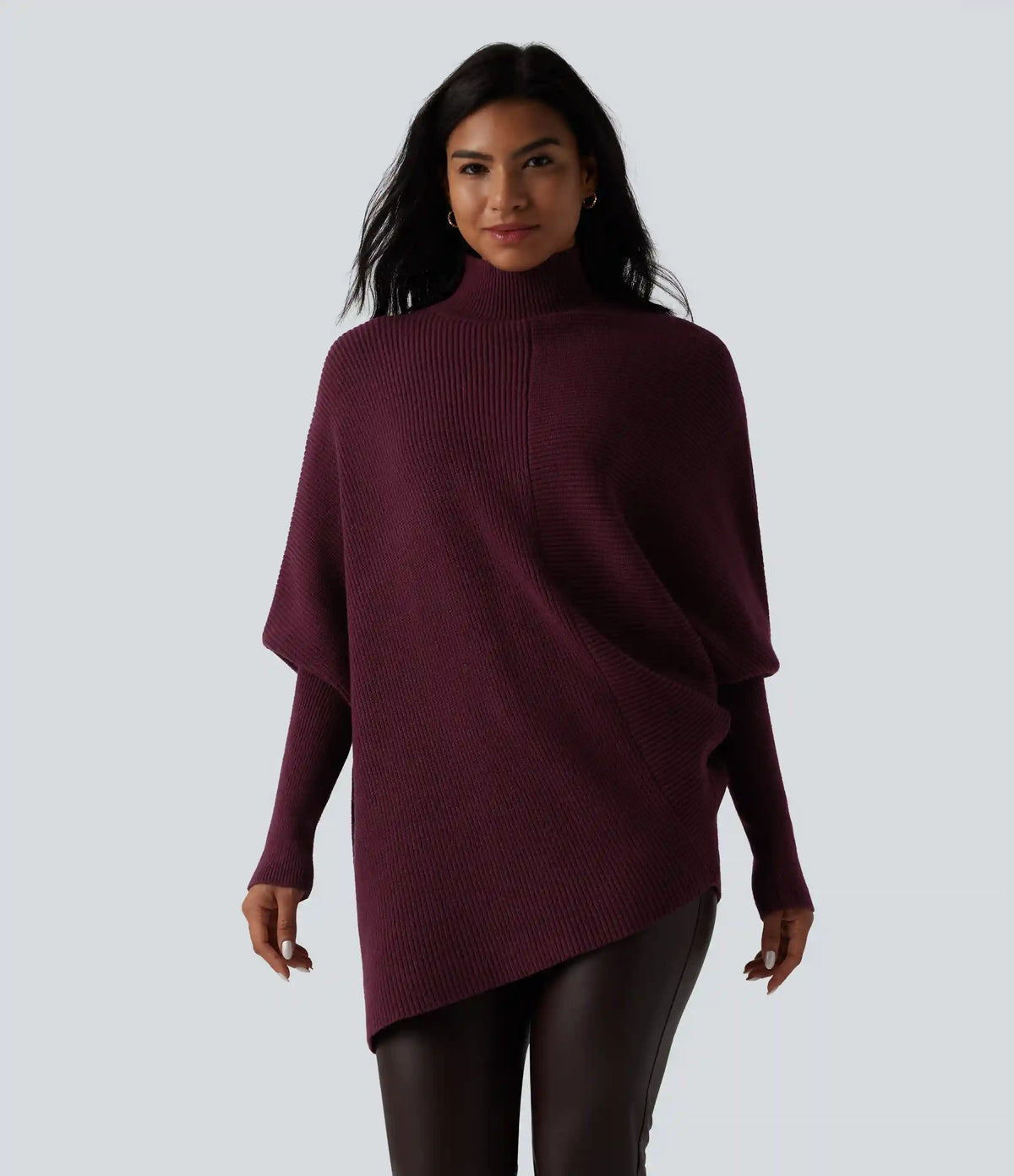 High Neck Batwing Long Sleeve Asymmetric Hem Work Sweater