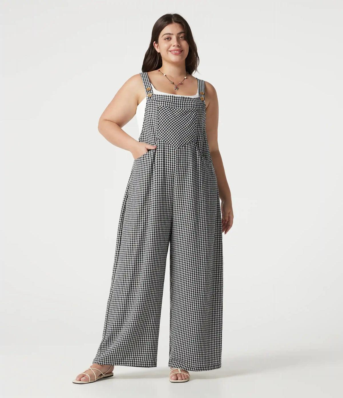 Plus Size Plaid Casual Linen-Feel Overalls with Pockets