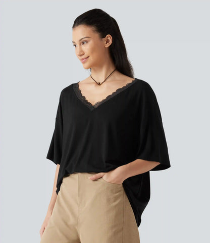 V Neck Contrast Mesh Short Sleeve Casual T-Shirt