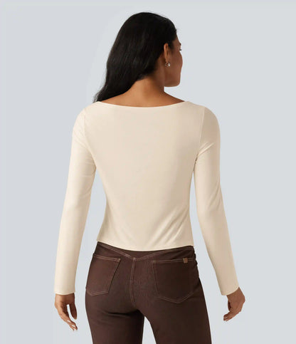 Boat Neck Long Sleeve Tie Side Asymmetric Hem Casual T-Shirt