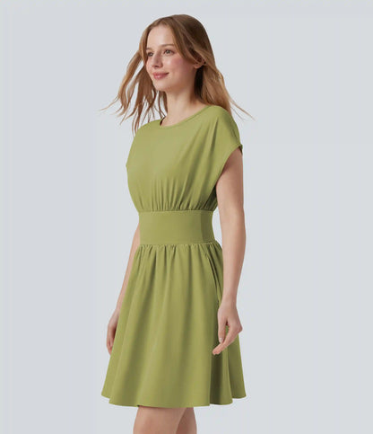 Breezeful™ Batwing Short Sleeve Flowy Quick Dry Mini Work Dress with Pockets